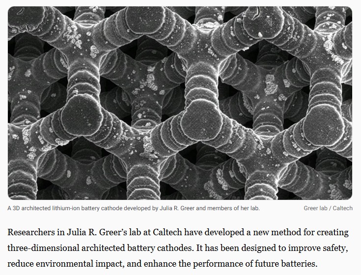 interestingengineering - Caltech team replaces toxic cobalt in batteries with safer 3D-printed cathode