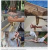 Testing various replicas of Stone Age tools for different uses: A, tree-felling; B, wood-adzing; C, wood-scraping; D, fresh bone-adzing; E, dry hide-scraping; F, disarticulation of a joint.