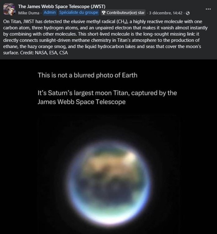 The James Webb Space Telescope (JWST) - jolie et intrigante photo de Titan, une lune de Saturn