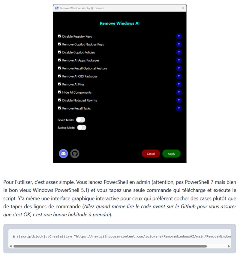 Korben - RemoveWindowsAI - Le script qui débranche l'IA de Windows 11