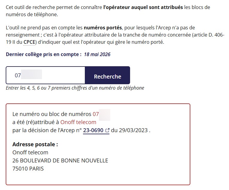 arcep - Identifier un opérateur par un numéro (et potentiellement les arnaques)