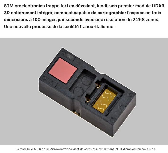 clubic - Le Franco-italien STMicroelectronics sort un capteur LiDAR 3D qui tient dans à peine 13 mm et voit jusqu'à 9 mètres