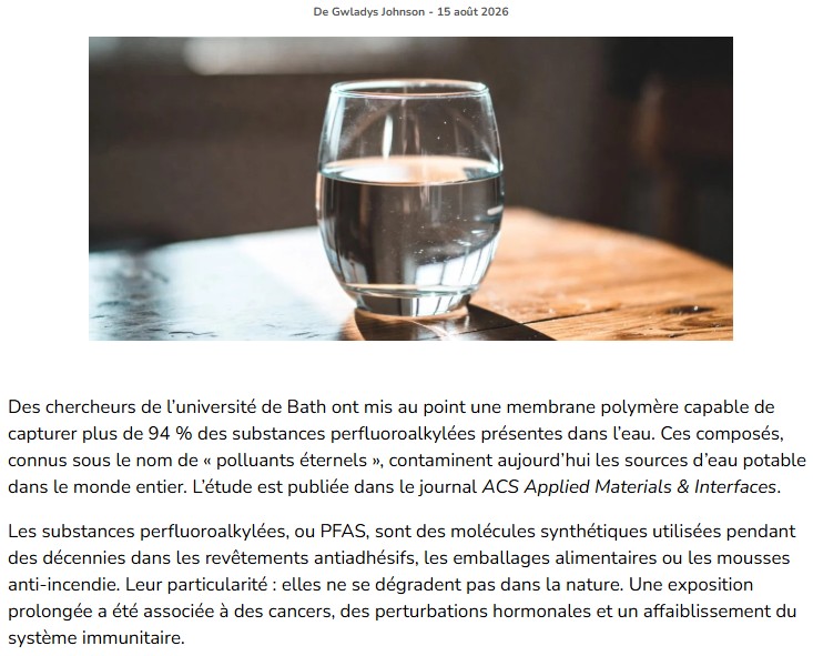 europeanscientist - Une membrane bio-sourcée capte les polluants éternels dans l’eau avec un taux d’efficacité de 94 %