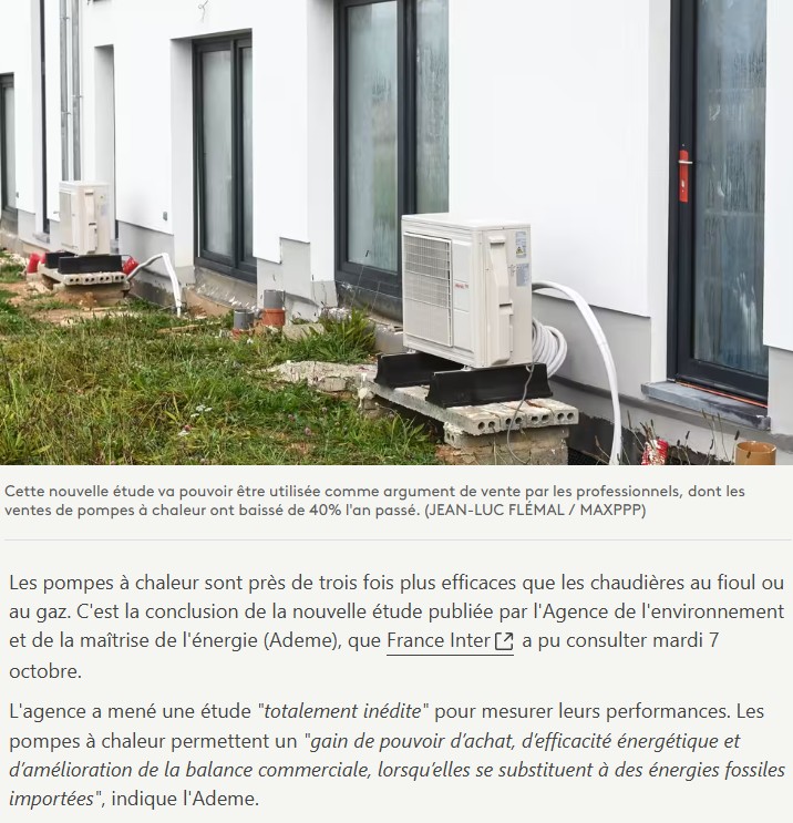 franceinfo - Environnement : les pompes à chaleur sont trois fois plus efficaces que les chaudières au fioul ou au gaz