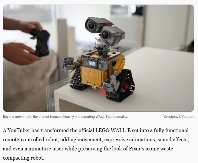 interestingengineering - Watch: YouTuber turns LEGO WALL-E into real robot with sounds, gyros, and 2,000V taser