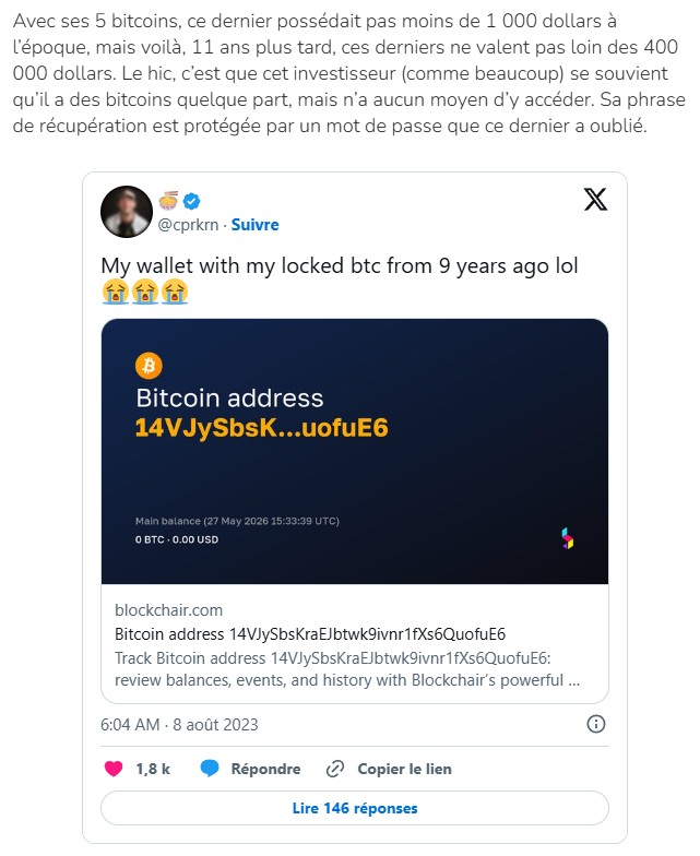 numerama - Claude a réussi un exploit : récupérer 5 bitcoins bloqués depuis 11 ans