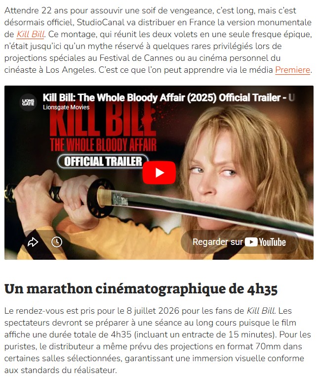 numerama - Kill Bill intégral : plus qu’un film, l’expérience ultime en version longue arrive en France