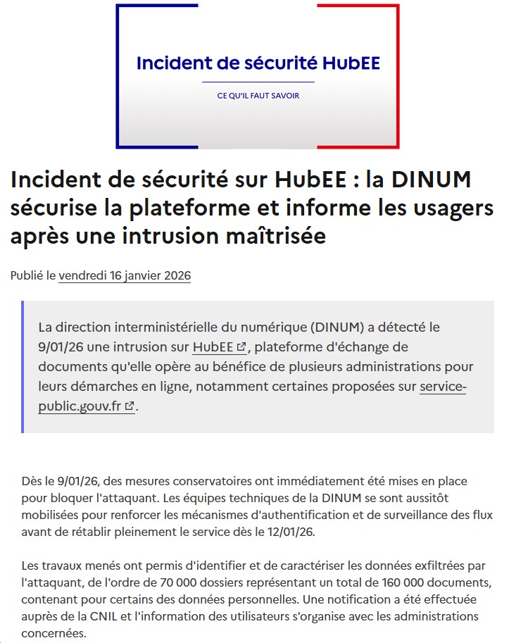 numerique.gouv.fr - Incident de sécurité sur HubEE : la DINUM sécurise la plateforme et informe les usagers après une intrusion maîtrisée