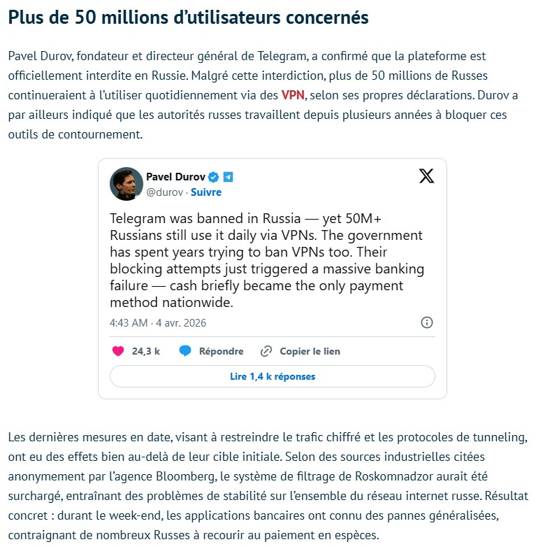 tomshardware - Début du mois en voulant bloquer Telegram, la Russie a paralysé ses propres banques