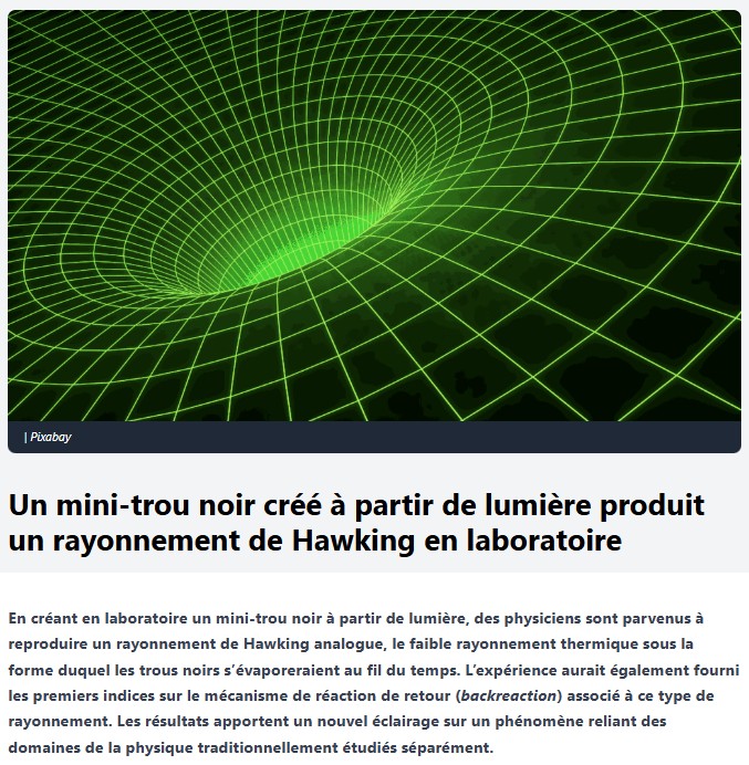trustmyscience - Un mini-trou noir créé à partir de lumière produit un rayonnement de Hawking en laboratoire