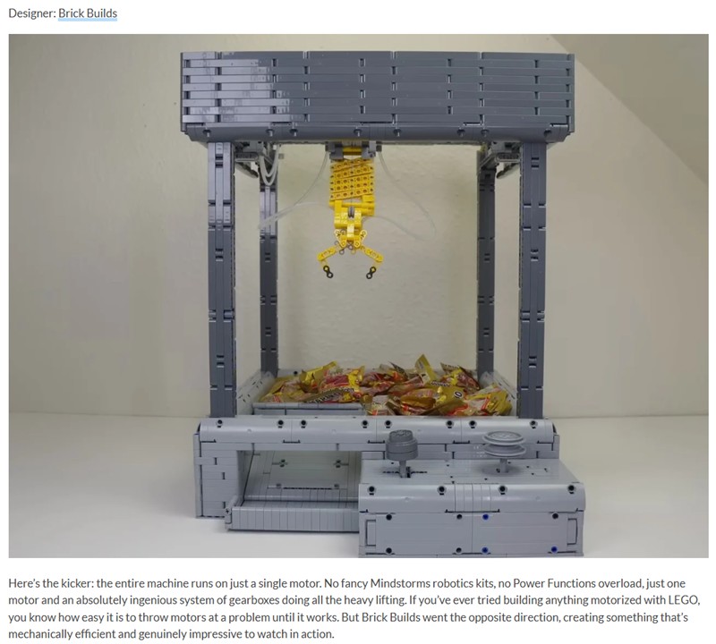 yankodesign - This LEGO Claw Machine Uses Just One Motor (And Lots of Genius)