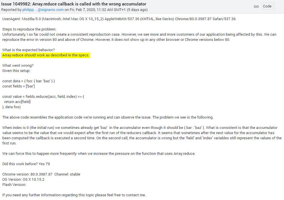 bugs.chromium.org Issue 1049982 Array.reduce callback is called with the wrong accumulator.jpg