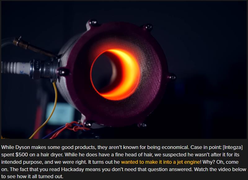 hackaday Dyson Hair Dryer Jet Engine Arfy'z tranche du Net