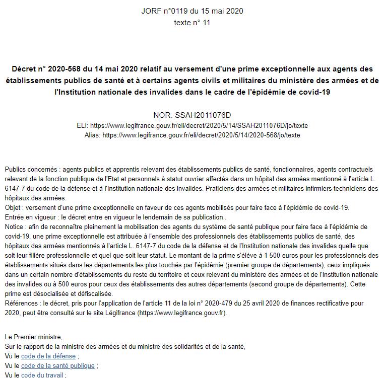 legifrance.gouv.fr Décret n 2020-568 du 14 mai 2020 relatif au versement d'une prime exceptionnelle aux agents des établissements publics de santé.jpg