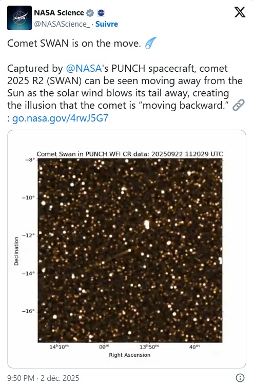 numerama - la danse de la comète Swan filmée par la Nasa