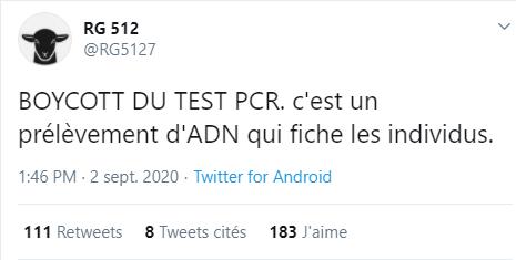 twitter.com RG 512 BOYCOTT DU TEST PCR. c'est un prélèvement d'ADN qui fiche les individus.jpg